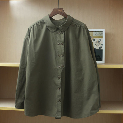 Cămăși cu nasturi în stil japonez Mori Girl, cu guler Peter Pan, pentru femei, 2022, nou în culoare solidă, bluză din bumbac, cu umăr căzut, Topuri largi