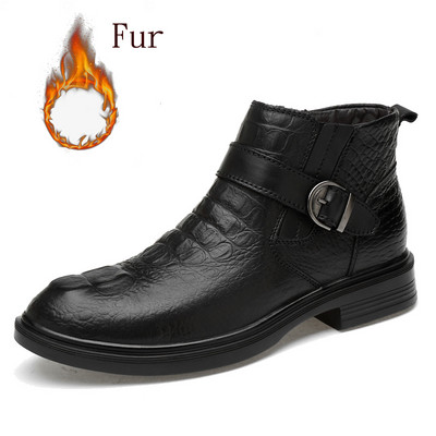 Ziemas augstas kvalitātes ādas zābaki Bieza zole āda Chelsea vīriešu zābaki melni biznesa kleita zābaki Krokodila raksta ikdienas zābaki