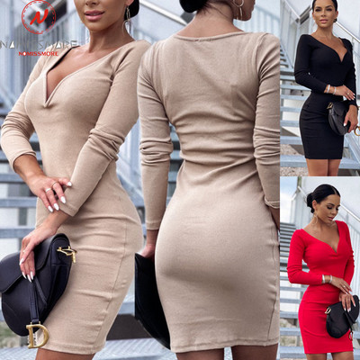 Rochie creion de culoare solidă pentru femei, sexy, pentru petrecere, design mozaic, cu decolteu în V, mânecă lungă, talie mijlocie, primăvară, toamnă, subțire, șolduri, mini rochie