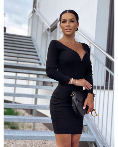 Σέξι γυναικείο μονόχρωμο μολύβι φόρεμα για πάρτι συνονθύλευμα σχέδιο V-λαιμόκοψη με μακρύ μανίκι στη μέση άνοιξη Μίνι φόρεμα με λεπτούς γοφούς