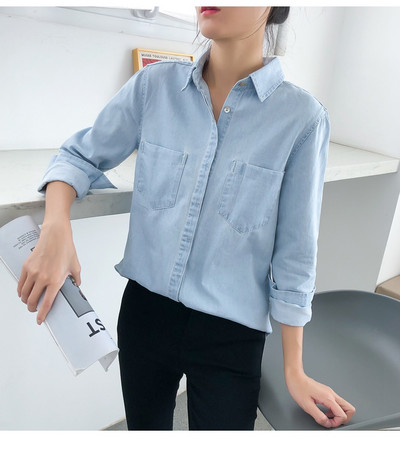 Νέα ανοιξιάτικη γυναικεία φθινοπωρινή τσέπη βαμβακερή τσέπη με γυριστό γιακά με μακριά μανίκια μπλούζα all match μπλε τζιν πουκάμισο casual τοπ