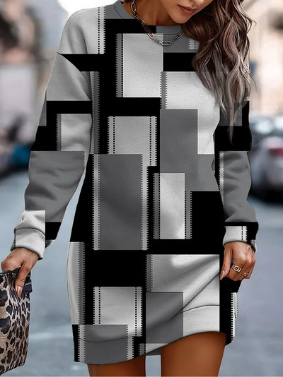 Jesensko-zimska ženska modna džemper haljina s kontrastnim printom s okruglim izrezom Ženska ležerna široka haljina dugih rukava S-3XL