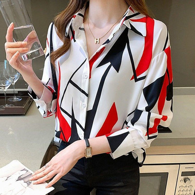 Modes ģeometrisks krekls ar apdruku, ģeometrisks krekls, 2022. gada rudens, jauni brīvi ikdienas topi, kas atbilst biroja sieviešu blūzei