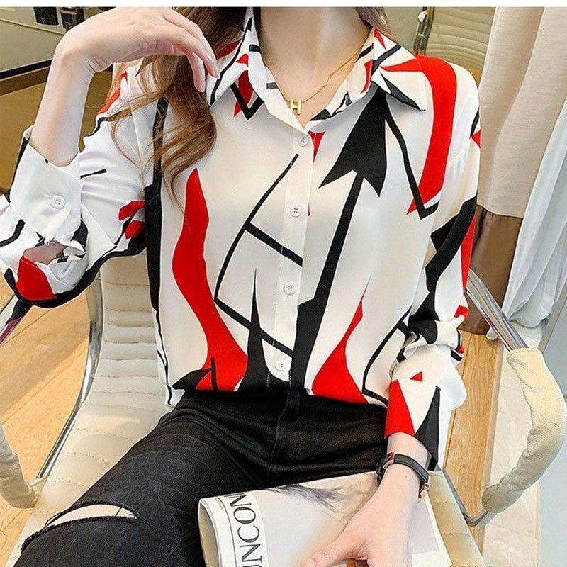 Modes ģeometrisks krekls ar apdruku, ģeometrisks krekls, 2022. gada rudens, jauni brīvi ikdienas topi, kas atbilst biroja sieviešu blūzei