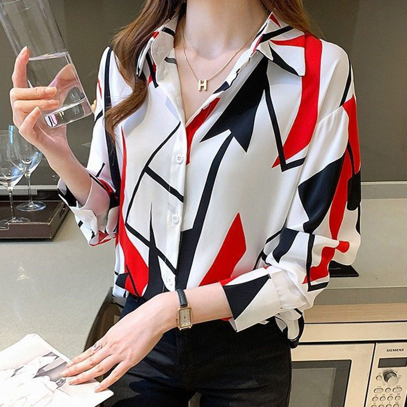 Modes ģeometrisks krekls ar apdruku, ģeometrisks krekls, 2022. gada rudens, jauni brīvi ikdienas topi, kas atbilst biroja sieviešu blūzei