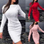 Rochie de pulover caldă din pluș de iarnă pentru femei, cu mânecă lungă, rochii de petrecere cu gât tricotat, tricotată, mini rochie cu fundul, Rochii Robe
