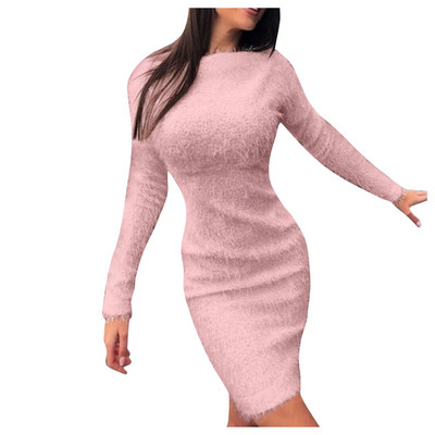 Rochie de pulover caldă din pluș de iarnă pentru femei, cu mânecă lungă, rochii de petrecere cu gât tricotat, tricotată, mini rochie cu fundul, Rochii Robe