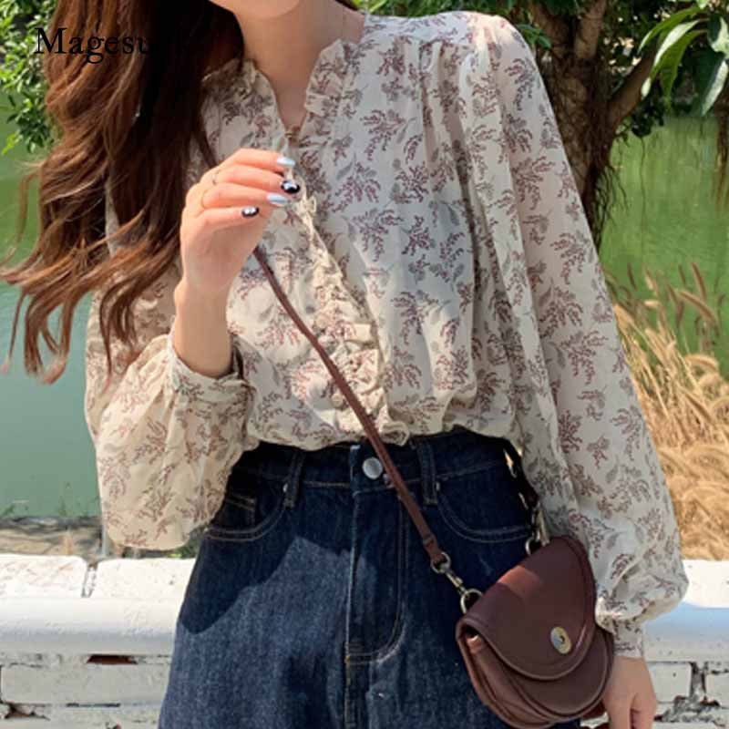 Rudens salda, šaura šifona blūze Sieviešu pūšamās piedurknes Korejas sieviešu topi un blūzes jaciņas ar ziedu ziediem sieviešu krekli Blusas 10314