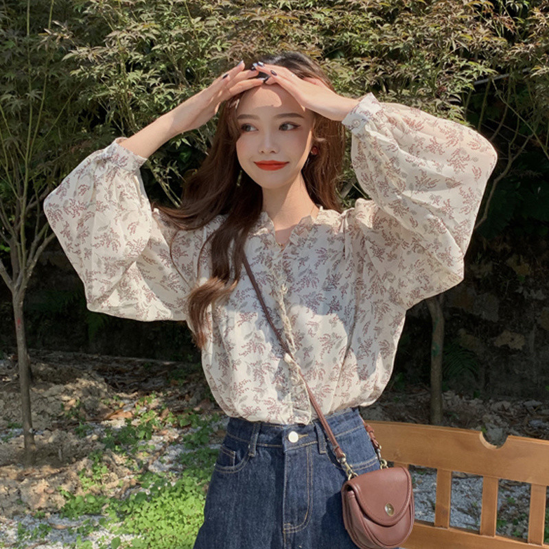 Rudens salda, šaura šifona blūze Sieviešu pūšamās piedurknes Korejas sieviešu topi un blūzes jaciņas ar ziedu ziediem sieviešu krekli Blusas 10314