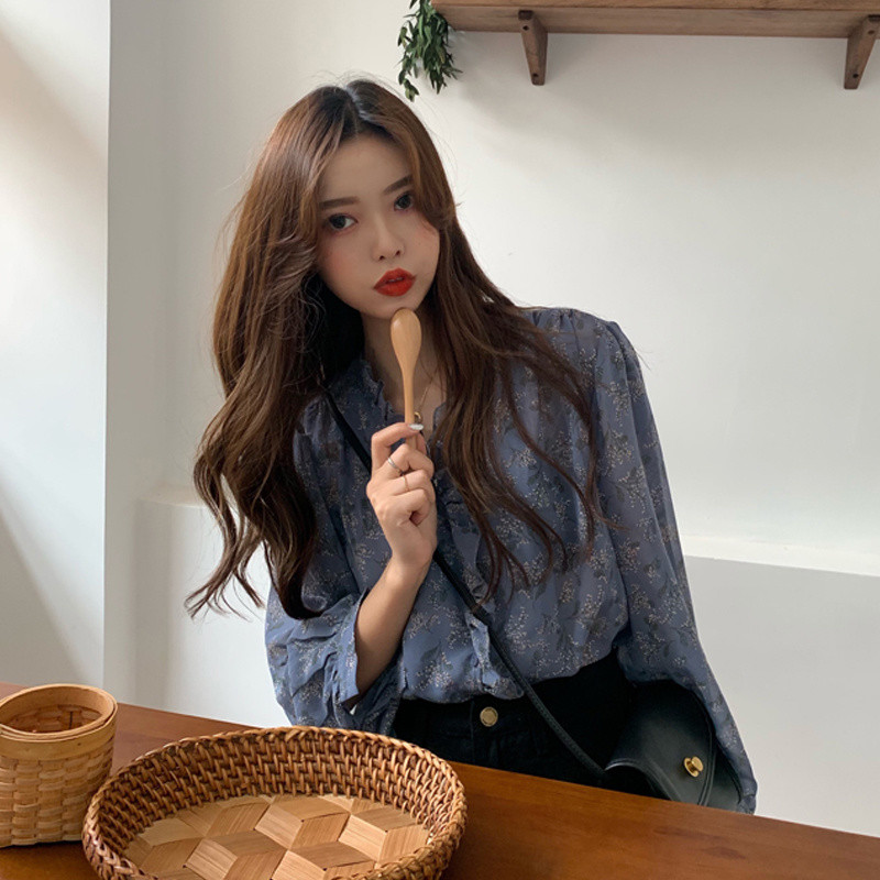 Rudens salda, šaura šifona blūze Sieviešu pūšamās piedurknes Korejas sieviešu topi un blūzes jaciņas ar ziedu ziediem sieviešu krekli Blusas 10314
