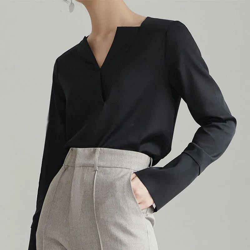 Uredska dama Elegantna košulja od šifona Proljeće Jesen Novi pulover dugih rukava s V-izrezom Univerzalna modna ženska francuska šik jednobojna bluza