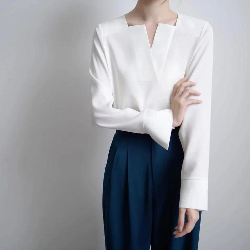 Uredska dama Elegantna košulja od šifona Proljeće Jesen Novi pulover dugih rukava s V-izrezom Univerzalna modna ženska francuska šik jednobojna bluza