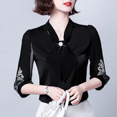 Cămașă din șifon elegantă cu fundă de damă, primăvară, vară, pulover lejer, dantelă, mâneci 3/4, temperament, modă urbană, bluze pentru femei 2022