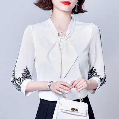 Cămașă din șifon elegantă cu fundă de damă, primăvară, vară, pulover lejer, dantelă, mâneci 3/4, temperament, modă urbană, bluze pentru femei 2022