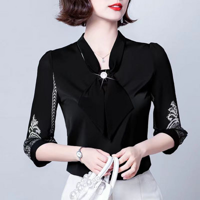 Cămașă din șifon elegantă cu fundă de damă, primăvară, vară, pulover lejer, dantelă, mâneci 3/4, temperament, modă urbană, bluze pentru femei 2022