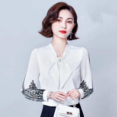 Cămașă din șifon elegantă cu fundă de damă, primăvară, vară, pulover lejer, dantelă, mâneci 3/4, temperament, modă urbană, bluze pentru femei 2022