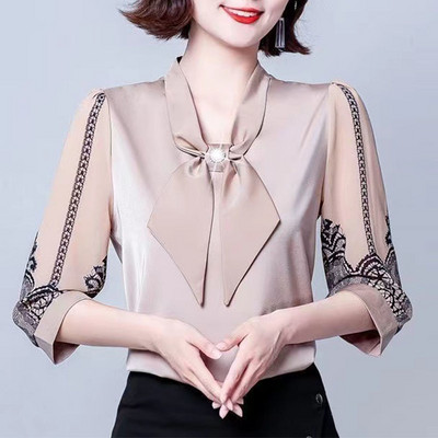 Cămașă din șifon elegantă cu fundă de damă, primăvară, vară, pulover lejer, dantelă, mâneci 3/4, temperament, modă urbană, bluze pentru femei 2022