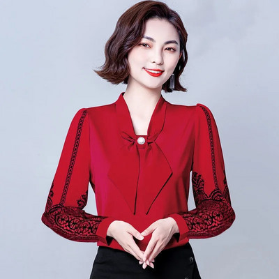 Cămașă din șifon elegantă cu fundă de damă, primăvară, vară, pulover lejer, dantelă, mâneci 3/4, temperament, modă urbană, bluze pentru femei 2022