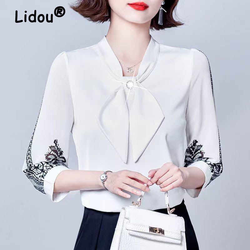 Cămașă din șifon elegantă cu fundă de damă, primăvară, vară, pulover lejer, dantelă, mâneci 3/4, temperament, modă urbană, bluze pentru femei 2022