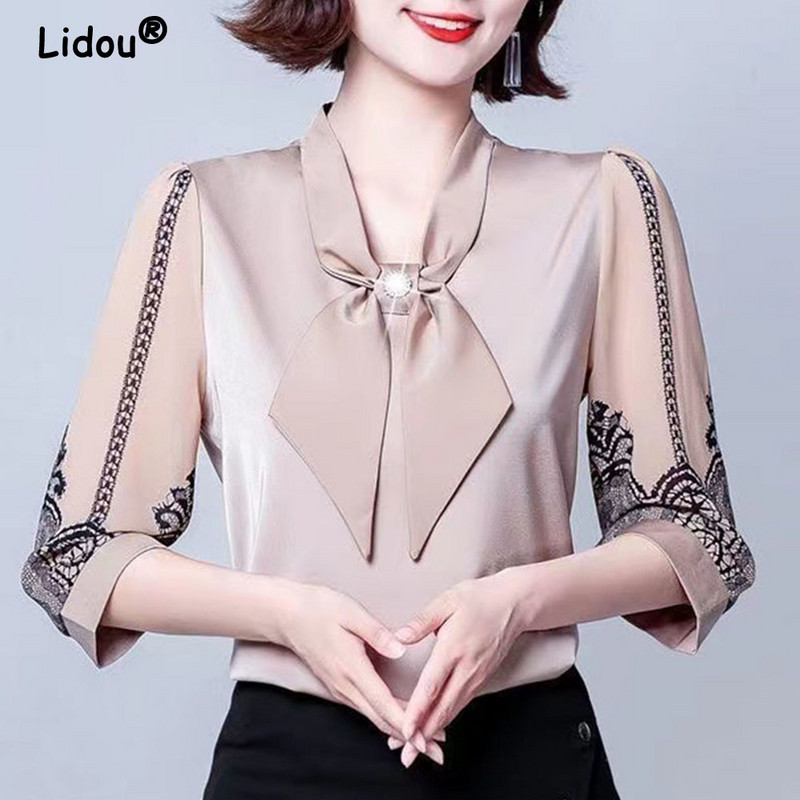 Cămașă din șifon elegantă cu fundă de damă, primăvară, vară, pulover lejer, dantelă, mâneci 3/4, temperament, modă urbană, bluze pentru femei 2022