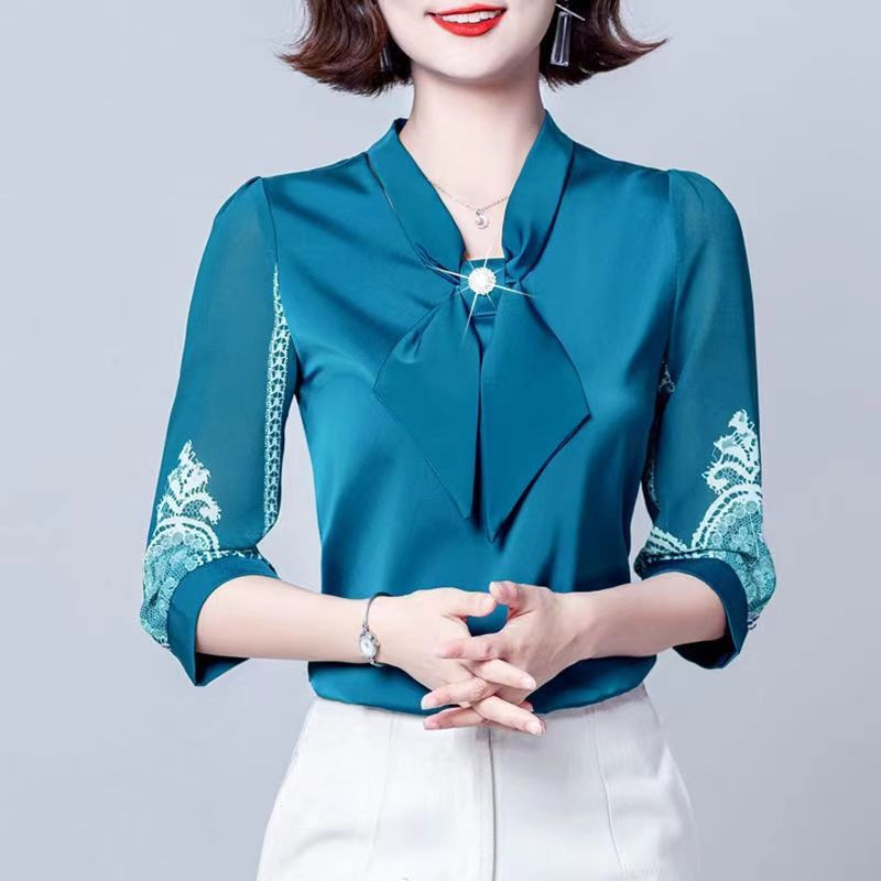 Cămașă din șifon elegantă cu fundă de damă, primăvară, vară, pulover lejer, dantelă, mâneci 3/4, temperament, modă urbană, bluze pentru femei 2022