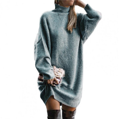 Zimska haljina s dolčevitom i šišmiš dugim rukavima, rebrasta topla džemper haljina, ženska jesensko-zimska pletena midi haljina