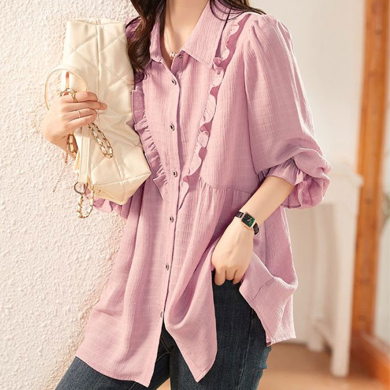 Ružičasta košulja sa slatkim naborima Ženska odjeća za putovanje na posao Jednoredno kopčanje Proljeće Jesen Opuštena bluza dugih rukava, elegantna bluza s rubovima