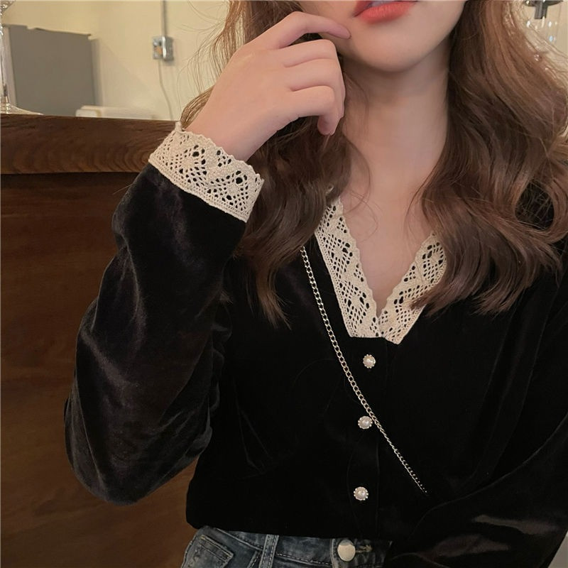 Košulje Ženske Čipkane Proljetne Elegantne Mujer De Moda Ulzzang Patchwork V-izrez Udobne BF dugih rukava Korejski stil Slatka moda Ropa Crop