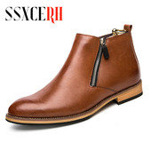 Cizme pentru bărbați cu fermoar de marcă, piele naturală, modă, clasice, pentru birou, pentru birou