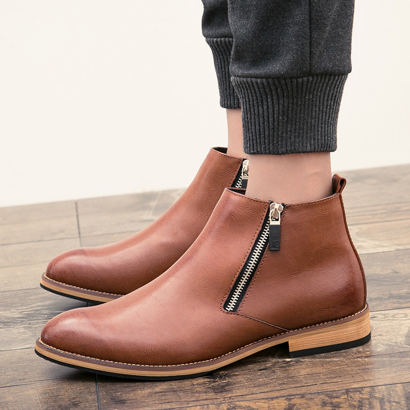 Cizme pentru bărbați cu fermoar de marcă, piele naturală, modă, clasice, pentru birou, pentru birou