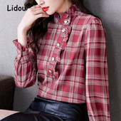 Ανοιξιάτικη φθινοπωρινή μόδα Γυναικεία vintage καρό στάμπα πουκάμισο με βολάν με κουμπί casual κομψό, λεπτή μακρυμάνικη μπλούζα Γυναικεία μπλούζα Blusas