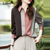 Σατέν Κομψό Κομψό Χρώμα Αντίθεσης Γραφείο Lady Commuter Κουμπί επάνω Μόδα Μακρυμάνικο Φαρδύ Μπλούζα Μπλούζα Γυναικεία Μπλούζα Ρούχα