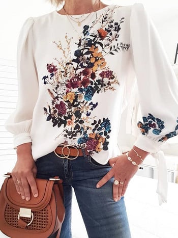 Lovely Flower Print Μπλούζα Μπουκέτο Puff Μακρυμάνικο Γυναικείο Κομψό Floral Basic Casual πουκάμισο