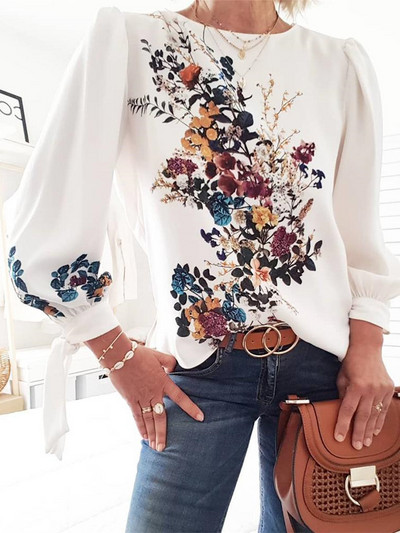 Bluză încântătoare cu imprimeu flori buchet bluză cu mânecă lungă femeie elegantă cămașă casual de bază cu flori