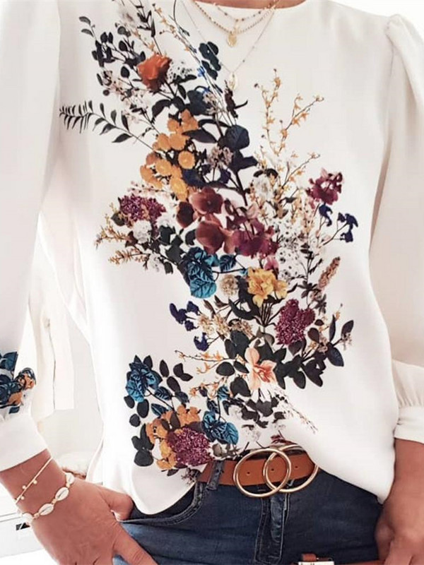 Graži gėlėmis marginta palaidinė, puokštė, puošta ilgomis rankovėmis, moteriški elegantiški gėlėti laisvalaikio marškinėliai