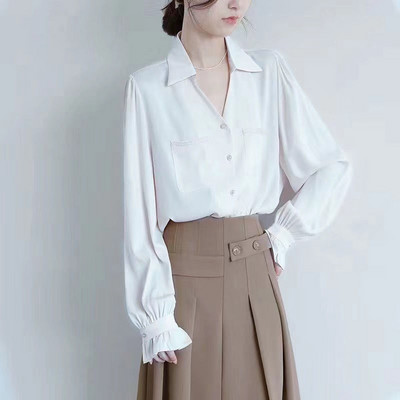 2022. gada rudens blūzes sievietēm ar garām pūšām piedurknēm, brīvi topi, cieti atloks, kabatas, balti krekli Biroja dāmu korejiešu sieviešu apģērbi blusas