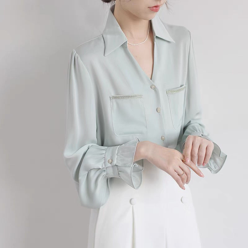 2022. gada rudens blūzes sievietēm ar garām pūšām piedurknēm, brīvi topi, cieti atloks, kabatas, balti krekli Biroja dāmu korejiešu sieviešu apģērbi blusas