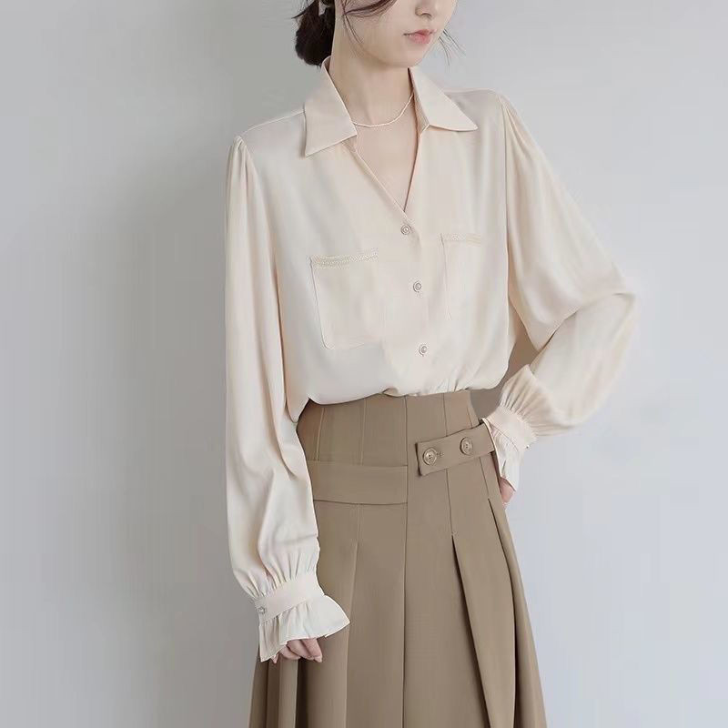 2022. gada rudens blūzes sievietēm ar garām pūšām piedurknēm, brīvi topi, cieti atloks, kabatas, balti krekli Biroja dāmu korejiešu sieviešu apģērbi blusas
