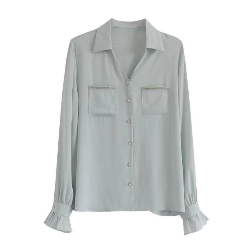 2022. gada rudens blūzes sievietēm ar garām pūšām piedurknēm, brīvi topi, cieti atloks, kabatas, balti krekli Biroja dāmu korejiešu sieviešu apģērbi blusas