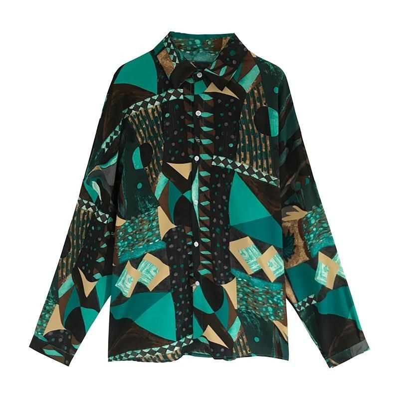 Široka bluza s otisnutim kontrastnim bojama u stilu za plažu 2022. Proljetno-ljetna modna korejska košulja s polo izrezom s jednim kopčanjem