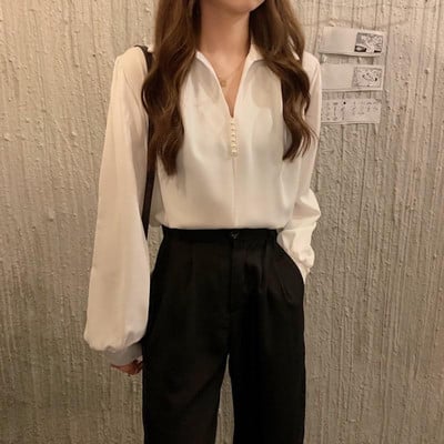 Γυναικείες μπλούζες ανοιξιάτικου φθινοπώρου πουκάμισα Γυναικεία casual μακρυμάνικη λαιμόκοψη σε μονόχρωμες μπλούζες ZZ2082