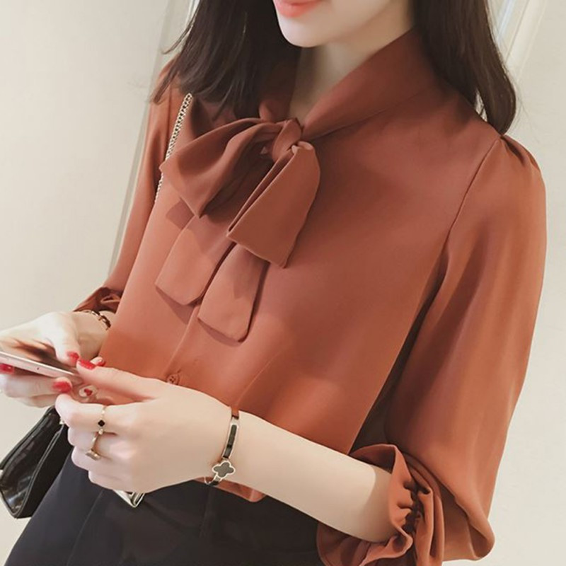 Elegants sieviešu krekls ar garām piedurknēm slaids krekls pavasara modes bantes šifona blūze biroja dāmu formāla lielizmēra topi Dzeltens