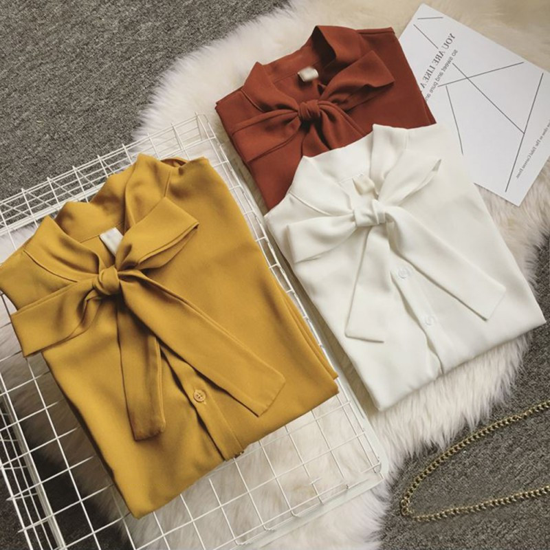 Elegants sieviešu krekls ar garām piedurknēm slaids krekls pavasara modes bantes šifona blūze biroja dāmu formāla lielizmēra topi Dzeltens