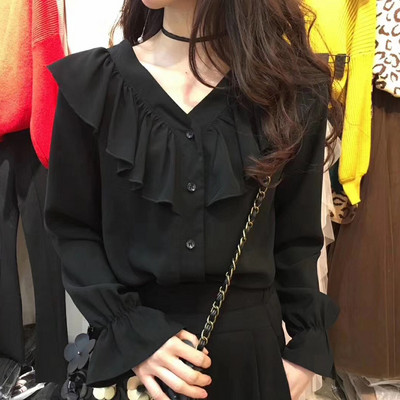 Madingi moteriški raukiniai ilgomis rankovėmis Palaidinė Saldi rudeniniai šifoniniai marškiniai Laisvi laisvalaikio vienviršiai