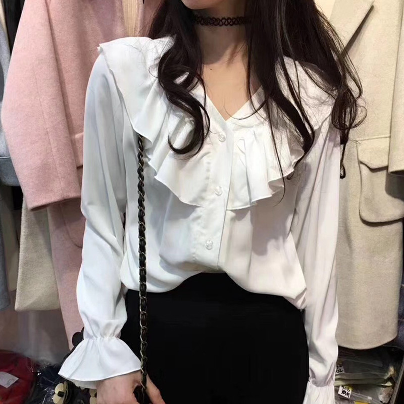 Madingi moteriški raukiniai ilgomis rankovėmis Palaidinė Saldi rudeniniai šifoniniai marškiniai Laisvi laisvalaikio vienviršiai