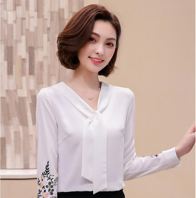 Sieviešu retro izšūta šifona blūze ar garām piedurknēm V-veida kakla izgriezuma brīvs plāns krekls pavasara rudens biroja sieviešu liela izmēra topi H9050