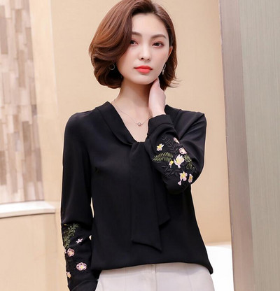 Sieviešu retro izšūta šifona blūze ar garām piedurknēm V-veida kakla izgriezuma brīvs plāns krekls pavasara rudens biroja sieviešu liela izmēra topi H9050