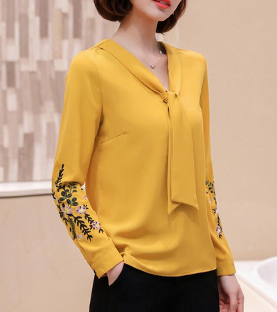 Sieviešu retro izšūta šifona blūze ar garām piedurknēm V-veida kakla izgriezuma brīvs plāns krekls pavasara rudens biroja sieviešu liela izmēra topi H9050