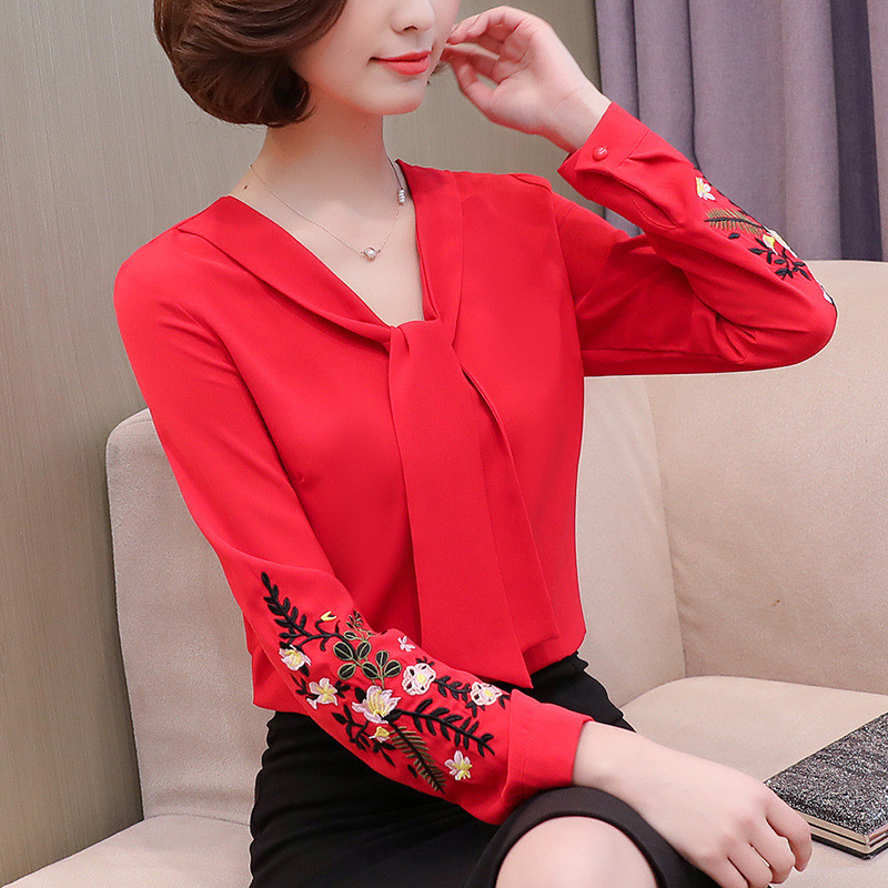 Sieviešu retro izšūta šifona blūze ar garām piedurknēm V-veida kakla izgriezuma brīvs plāns krekls pavasara rudens biroja sieviešu liela izmēra topi H9050