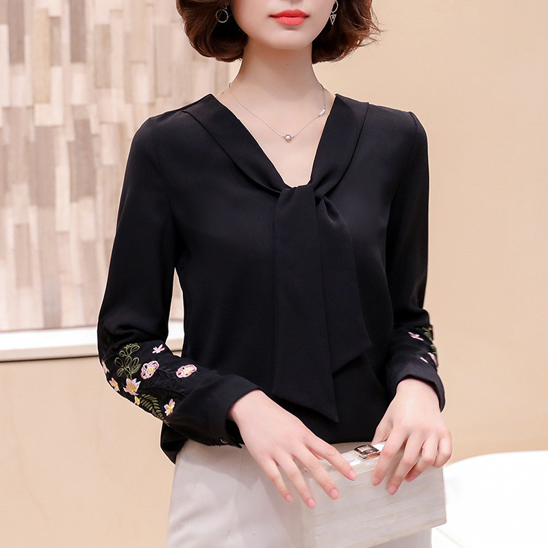 Sieviešu retro izšūta šifona blūze ar garām piedurknēm V-veida kakla izgriezuma brīvs plāns krekls pavasara rudens biroja sieviešu liela izmēra topi H9050